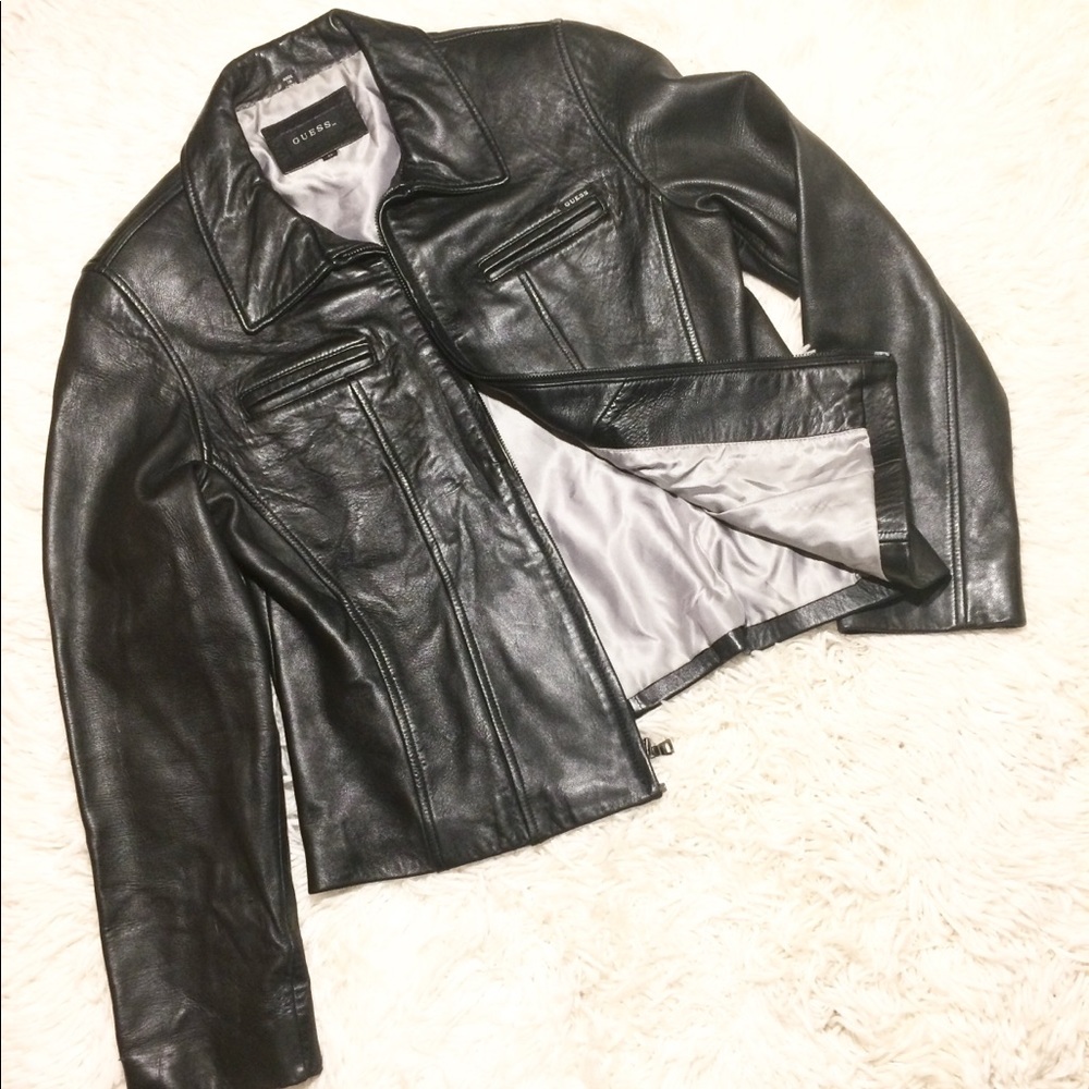 GUESS Genuine Black Leather Jacket Size L